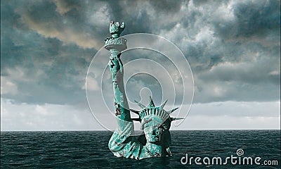 Apocalyptic water view. Old Statue of liberty in Storm. 3d render Stock Photo