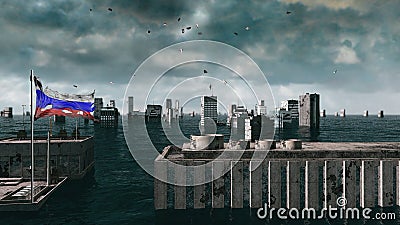Apocalyptic water view. urban flood, Russian flag. Storm. 3d render Stock Photo