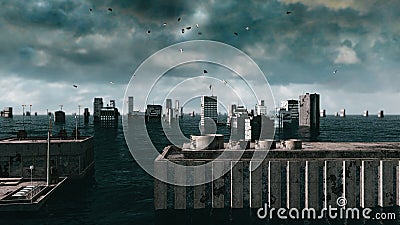 Apocalyptic water view. urban flood. Storm. 3d render Stock Photo