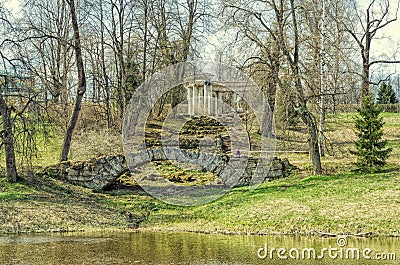 Apollo colonnade and Cascade bridge in the Pavlovsk park. Stock Photo
