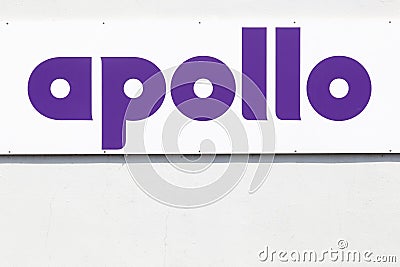 Apollo tyres sign on a wall. Apollo Tyres is the world`s 11th biggest tyre manufacturer Editorial Stock Photo