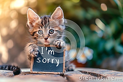 Apology in Eyes: An Adorable Kitten Holding an 'I'm Sorry' Sign Stock Photo