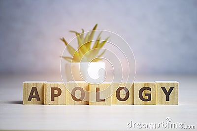 APOLOGY word written on wood block on table Stock Photo