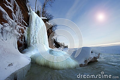 Apostle Islands Ice Caves Frozen Waterfall, Winter Stock Photo