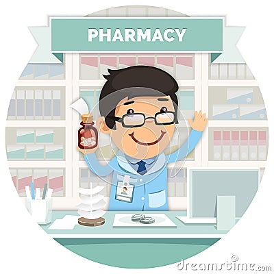 Apothecary behind the Counter at Pharmacy Round Vector Illustration