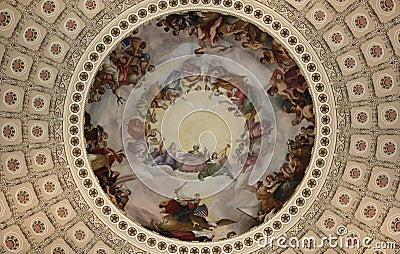 The Apotheosis of Washington, a fresco painted by Brumidi, in the dome of the rotunda of the United States Capitol Building Editorial Stock Photo
