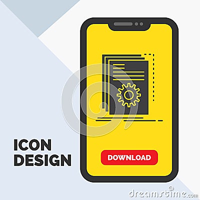 App, build, developer, program, script Glyph Icon in Mobile for Download Page. Yellow Background Vector Illustration