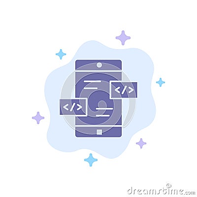 App Development, Arrows, Div, Mobile Blue Icon on Abstract Cloud Background Vector Illustration