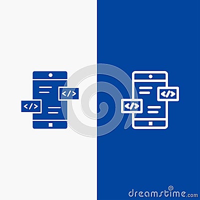 App Development, Arrows, Div, Mobile Line and Glyph Solid icon Blue banner Line and Glyph Solid icon Blue banner Vector Illustration