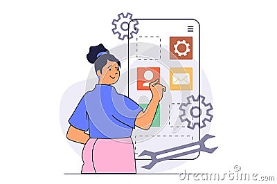 App development concept with cartoon people in flat design for web. Woman programming and creating responsive layout Cartoon Illustration