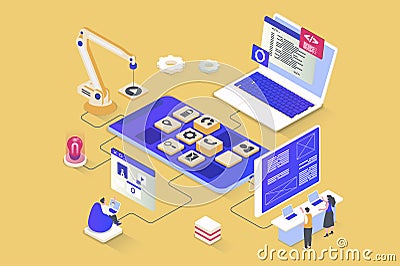 App development concept in 3d isometric design. UI UX layout developing, programming application interfaces, coding mobile Vector Illustration