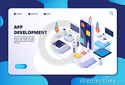 App development concept. Developer designer work on smartphone mobile application. Customized ui design isometric vector Vector Illustration