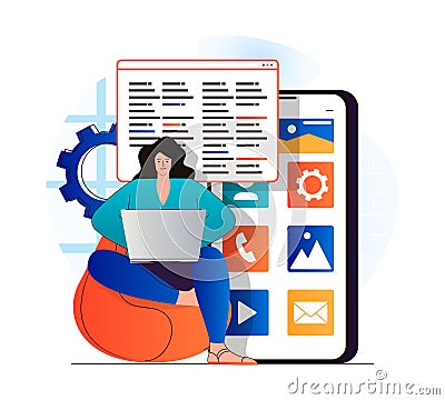 App development concept in modern flat design. Woman developer works on laptop, coding code, creates software for mobile phone, Vector Illustration