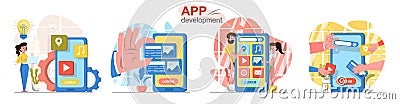 App development concept scenes set. Designer comes up with ideas, developers create interface of mobile application. Collection of Vector Illustration