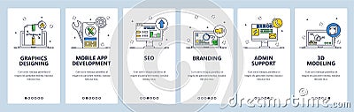 App development, graphic design, branding admin support 3d modeling. Mobile app screens, vector website banner template. Vector Illustration