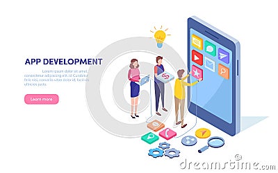 App development. Programmer, Developer. Mobile application. Smartphone technology. Isometric cartoon illustration vector Cartoon Illustration