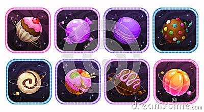 App icons with yummy sweet planets into the colorful frames. Vector Illustration