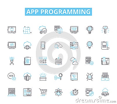 App programming linear icons set. Programming, Development, Design, Debugging, Algorithm, Coding, Framework line vector Vector Illustration