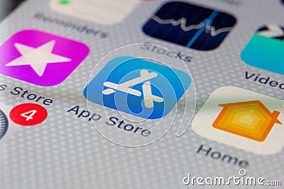 Apple App store icon on a smartphone. Editorial Stock Photo