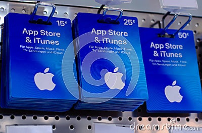 Soest, Germany - December 22, 2018: App Store & iTunes Gift Cards for sale in the shop Editorial Stock Photo