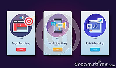 Conceptual app template of target advertising, mobile marketing, social media promotion with icons and text, vector banner. Vector Illustration