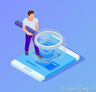 App tester. Isometric man testing mobile app. Man with magnifying glass looks at screen of smartphone vector Vector Illustration