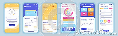 App UI. Phone screen interface application. Account login. Smartphone call and message. Finance dashboard. Schedule Vector Illustration
