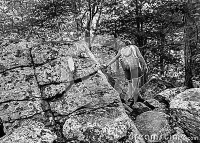 Appalachian Trail Hiker over Boulders Editorial Stock Photo