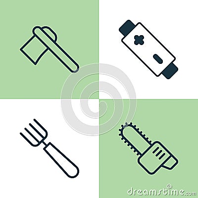 Apparatus Icons Set. Collection Of Gasoline Cutter, Garden Fork, Alkaline And Other Elements. Also Includes Symbols Such Vector Illustration