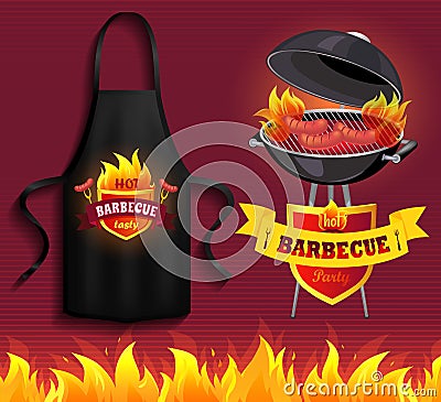Apparel for grilling food on BBQ. White apron with barbecue restaurant logo image next to grill Stock Photo
