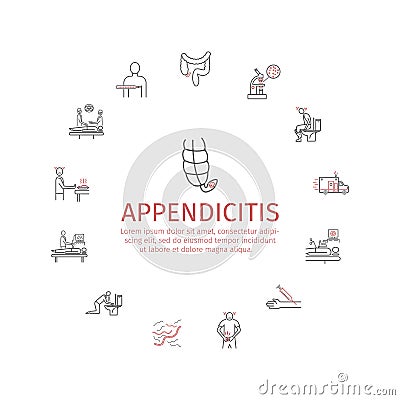 Appendicitis. Symptoms, Treatment. Line icons set. Vector signs Vector Illustration