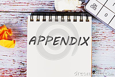 Appendix word written on a sheet of notebook lying on old vintage boards with a calculator and folded paper Stock Photo