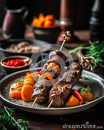 Appetitive Grilled meat shashlik, shish kebab with vegetables on wooden board. Good food. Stock Photo