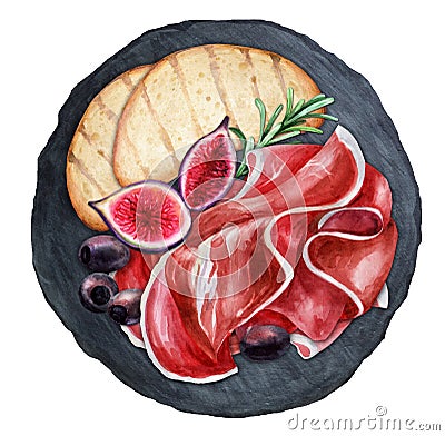 Appetizer slices of prosciutto with figs on a dark background Cartoon Illustration