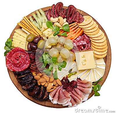 Appetizers boards with assorted cheese, meat, grape and nuts. Charcuterie and cheese platter. Top view on white background. Stock Photo