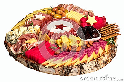 Appetizers boards with assorted cheese, salami, ham, olives and nuts. Charcuterie and cheese platter. Isolated on a white Stock Photo