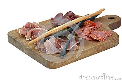 Appetizers boards with assorted meat and salami. Charcuterie platter. Isolated on a wooden board Stock Photo