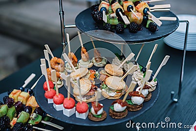 Appetizers on plates. Catering service. Wedding welcome food. Stock Photo