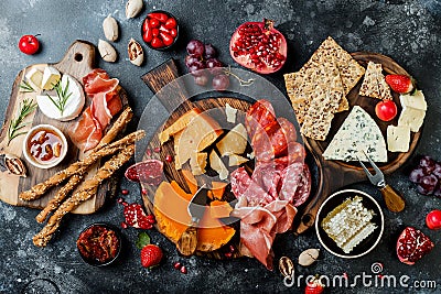 Appetizers table with italian antipasti snacks. Brushetta or authentic traditional spanish tapas set Stock Photo