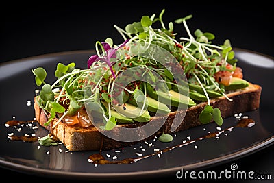 An appetizing avocado toast with garnish of microgreens and chili flakes Stock Photo