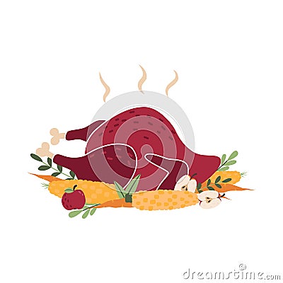 Appetizing baked turkey with vegetables. Traditional dish for Thanksgiving dinner Vector Illustration