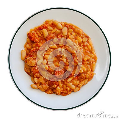 Appetizing braised beans with chorizo sausage pieces Stock Photo