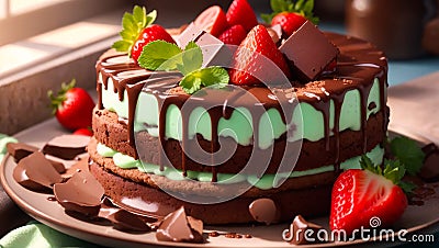 Appetizing chocolate cake with strawberries, mint leaves delicious biscuit Stock Photo