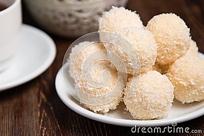 Appetizing coconut balls Lada. Vegetarian cuisine Stock Photo