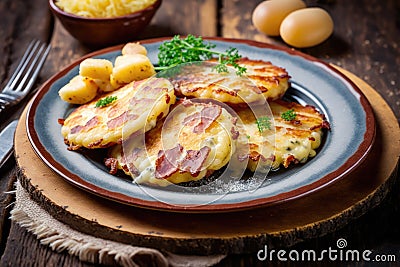 appetizing crispy fried potato pancakes with cheese and bacon in plate Stock Photo