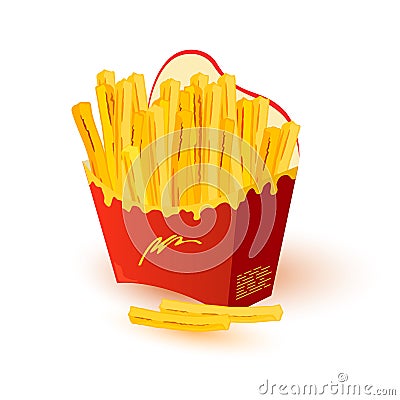 Appetizing, crispy, salty french fries in paper cup, disposable packing. Hot potato finger chips. Vector Illustration