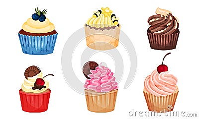 Appetizing Cupcakes with Whipped Cream and Berry on the Top Vector Set Vector Illustration