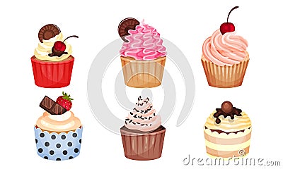 Appetizing Cupcakes with Whipped Cream and Berry on the Top Vector Set Vector Illustration