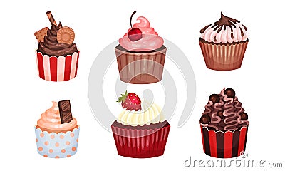 Appetizing Cupcakes with Whipped Cream and Berry on the Top Vector Set Vector Illustration