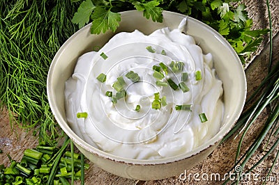 Appetizing curd and herbs Stock Photo